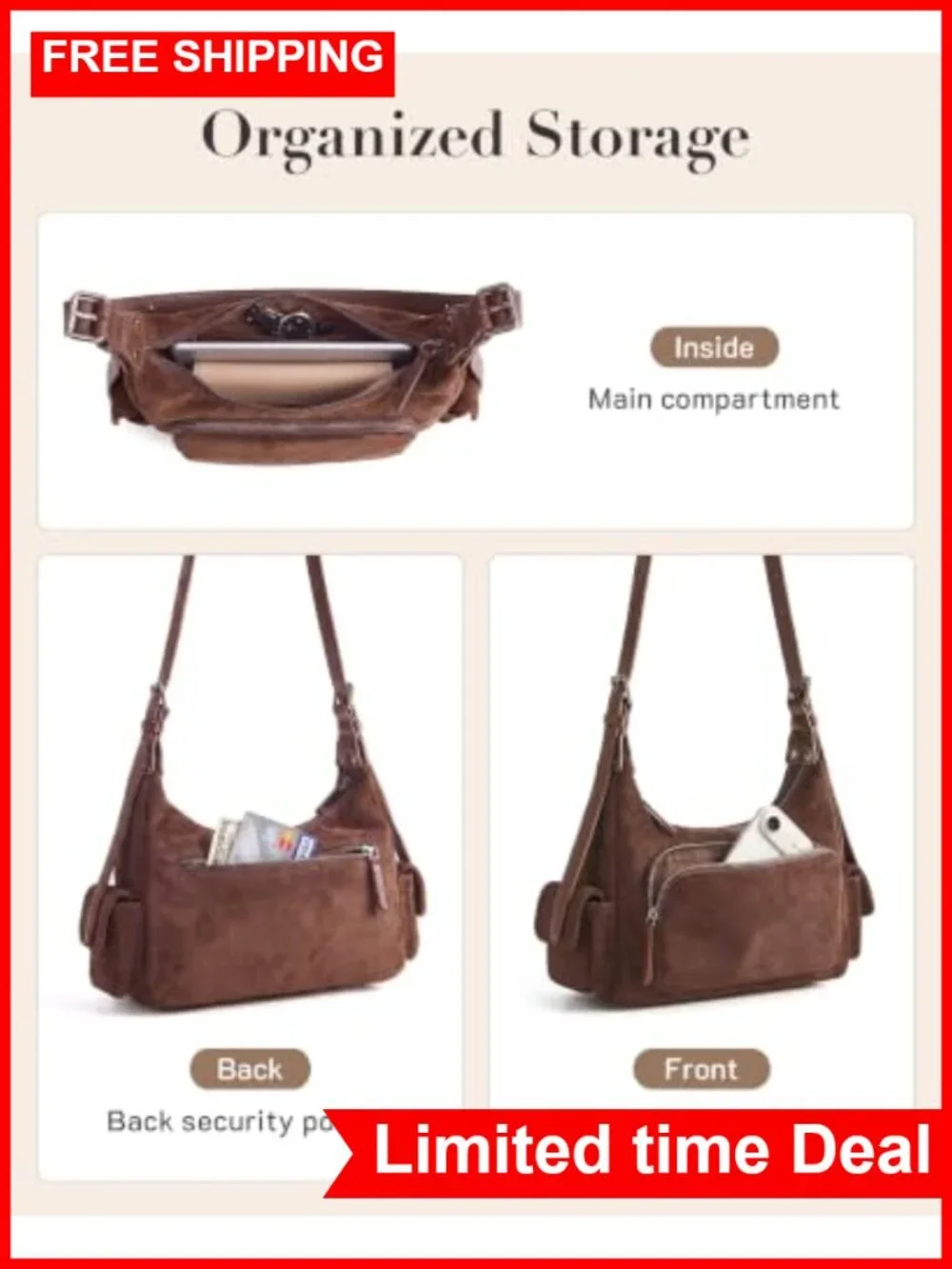 Faux Suede Hobo Bag for Women, Travel Purse Shoulder Handbag